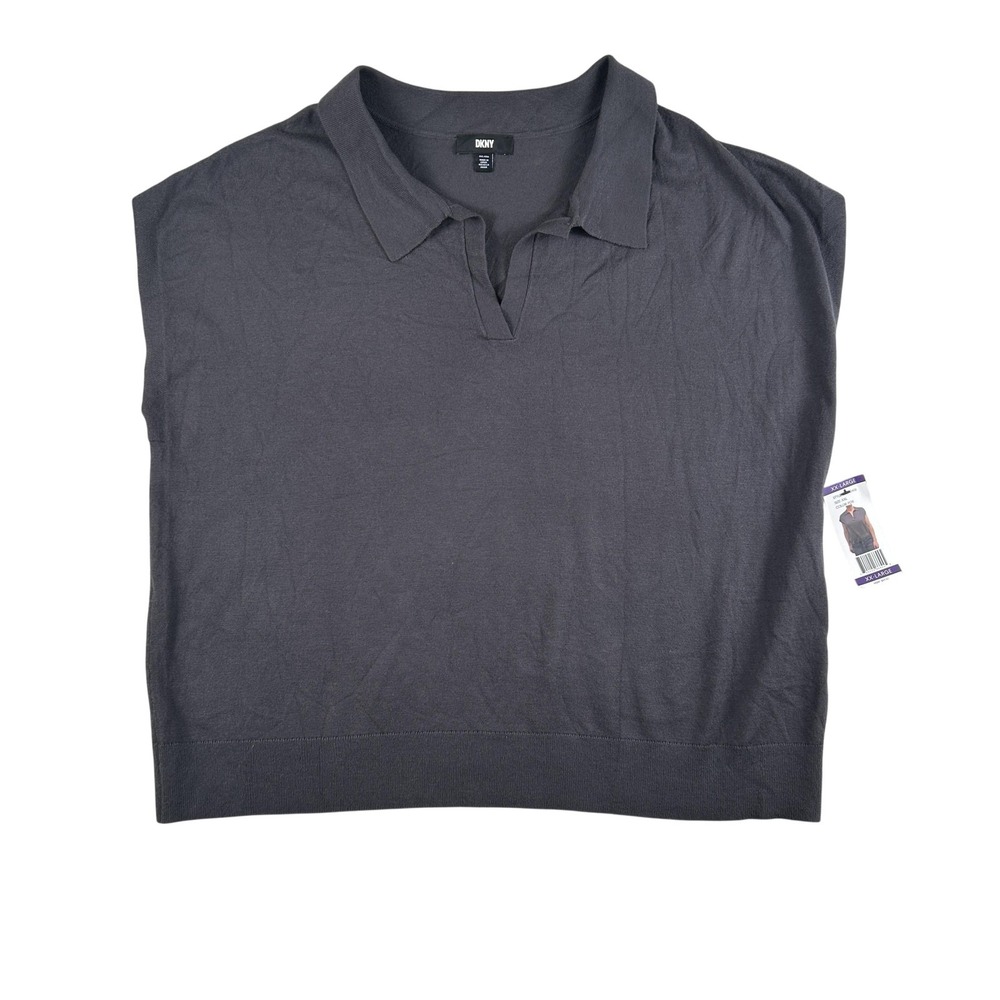 DKNY Sweater Vest Womens‎ XXL Gray Solid Sleeveless Collared Knit Pullover Top